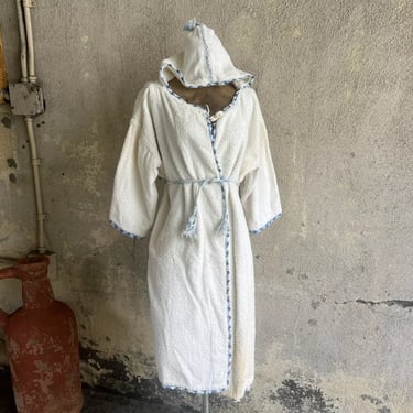 Vintage 1930s White & Blue Terry Cloth Hooded Robe Jacket Beach Cover Mini Dress