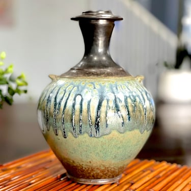 VINTAGE: 9" Signed Studio Drip Glazed Pottery Vase - SKU 00035428 
