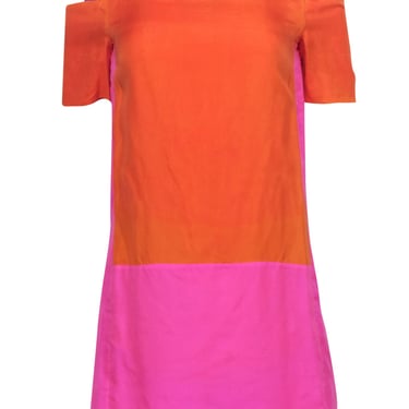 Tibi - Bright Pink & Orange Cold Shoulder Silk Shift Dress Sz 2