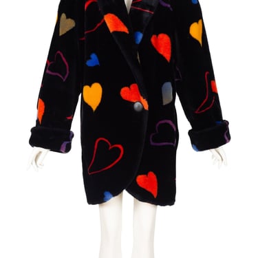 Donnybrook 1980s Vintage Heart Print Black Faux Fur Coat Sz L 