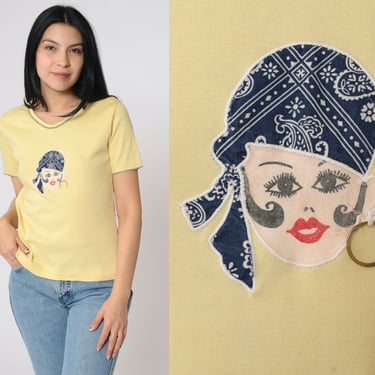 70s Pirate T-Shirt Yellow Embroidered Woman with Bandana and Hoop Earring Tee Vintage 1970s Boho Tshirt Soft V Neck Single Stitch Small 