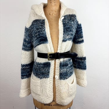 Vintage 60s Hand Knit Blue Striped Mohair Cardigan Sweater with Hood M 