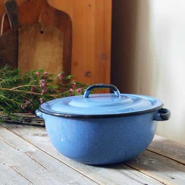 Vintage blue enamelware pot with lid & handles /  blue speckle enamel pot / rustic farmhouse kitchen / retro cookware / cottage decor 