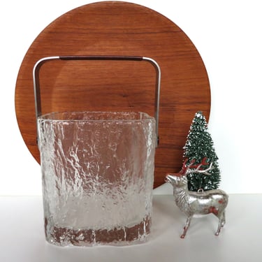 Vintage Hoya Glacier Ice Bucket From Japan, 1970s Textural Ice Bark Glass Barware 