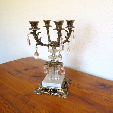 Vintage 4-Arm Candelabra Teardrop Prism Crystals Marble Rococo French Nouveau Victorian 