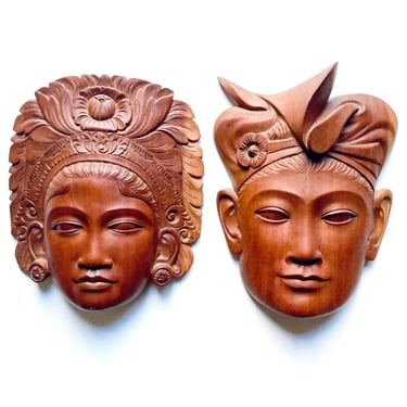Pair Finely Carved Vintage Balinese Teak Wood Head Face Sculptures Indonesian 