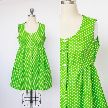 1960s Shirt Dress Polka Dot Green S/M 