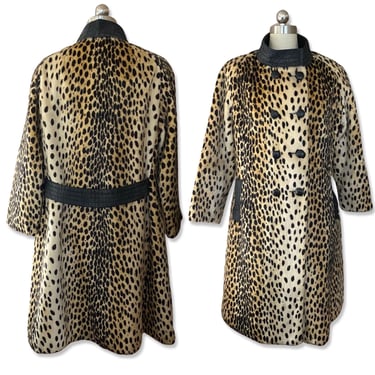 50s vintage LA FRANCE leopard print faux fur coat M, 1950s pin up cheetah plush fur, flared A line coat 1960s 50s 