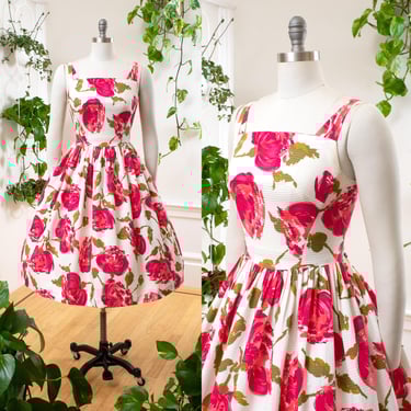 Vintage 1950s Sundress | 50s Hot Pink Floral White Cotton Fit Flare Full Skirt Sleeveless Summer Day Dress | medium 