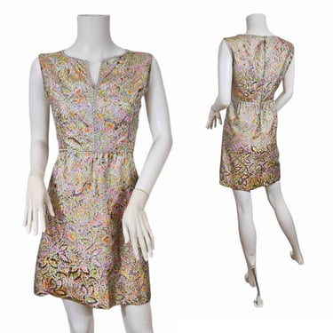 1960s Silver Brocade Embossed Paisley Print Mini Dress I Sz Sm 
