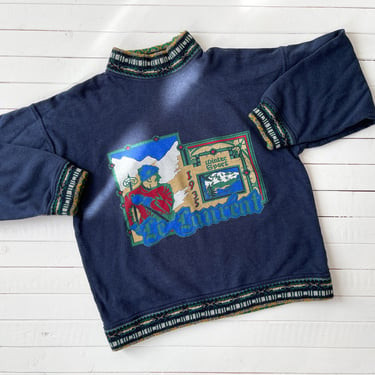 aprés ski sweater | 80s 90s vintage Le Laureat navy blue novelty skiing sweatshirt mockneck sweater 