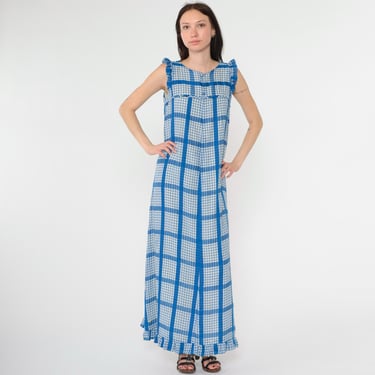 Vintage 70s Plaid Maxi Dress Blue Malia Honolulu Hawaiian Sleeveless Ruffle Trim Cottagecore Summer 1970s Boho Checkered Tent Dress Small 