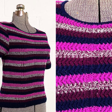 Vintage Striped Purple Space Dyed Sweater Short Sleeve Sweater Crew Neck Stripe Knitty Gritty 1970s 70s Small XS 