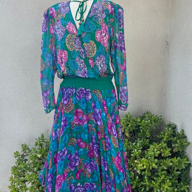 Vintage Diane Freis chiffon silk dress beads sequins greens colors Sz Medium 