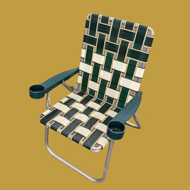 Vintage Lawn Chair Retro 1970s Mid Century Modern + Silver Aluminum Frame + Green + Yellow + White Webbing + Plastic Armrests + Cup Holders 
