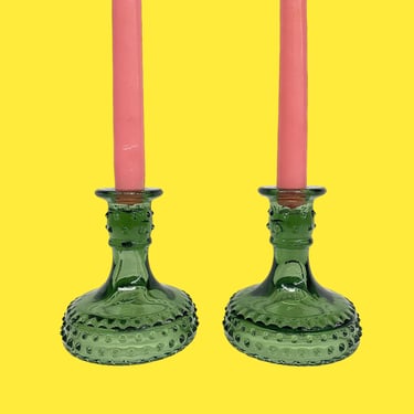 Vintage Candlestick Holders Retro 1990s Farmhouse + L.E. Smith Glass + Green Color + Set of 2 + Hobnail Design + Home Decor + Made in USA 