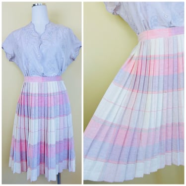 1980s Vintage Acrylic Pink and Purple Plaid Skirt / 80s High Waisted Pastel Check Pleated Skirt / Size Small 