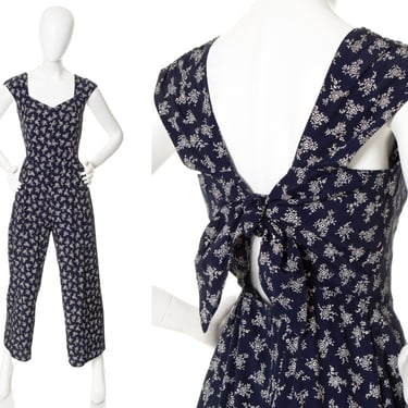 Vintage 1990s Jumpsuit | 90s Rayon Ditsy Floral Calico Print Keyhole Tie Back Navy Blue Wide Leg Romper (small) 