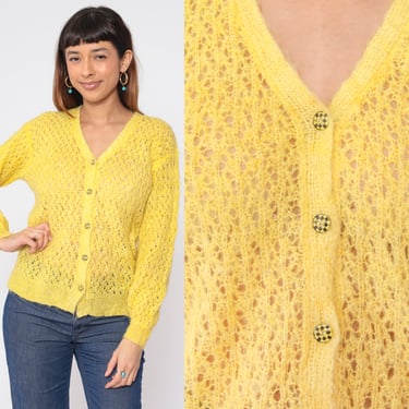 Sheer Yellow Cardigan 80s Knit Button Up Sweater Cutout Open Weave Cut Out Retro Spring Grandma Acrylic Boho Hippie Vintage 1970s Medium M 
