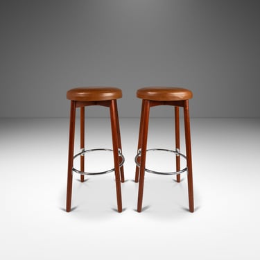 Set of Two (2) Danish Modern Barstools in Solid Teak & Leather by Hugo Frandsen for Spøttrup Mobler, Denmark, c. 1960's 