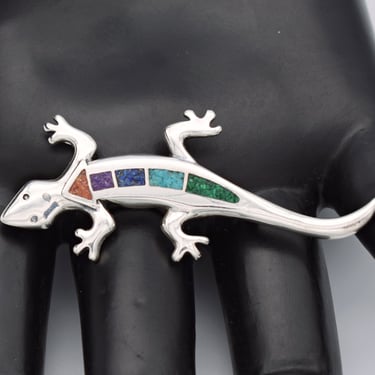 80's Carolyn Pollack inlaid sterling lizard brooch, Southwestern Carlisle Jewelry 925 silver gecko pin 