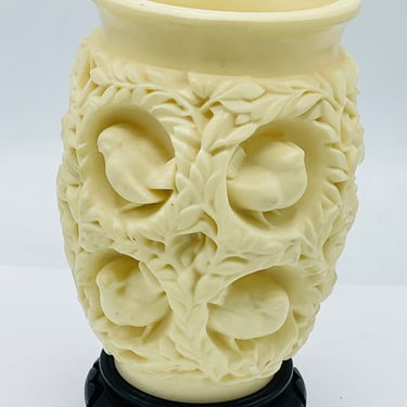 Carved Faux Ivory Vase with Birds and Wooden stand  Asian Style  6.75 Inches Tall Elaborate 