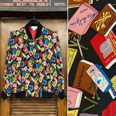 Vintage 1990’s “Spenser Jeremy” Travel Matchbook Bomber Jacket, 90’s Jacket, 90’s Bomber, 90’s Pop Art, 90’s Vintage Clothing 