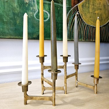 Mid Century Brutalist Brass Articulating Candelabra | Vintage Folding Candleholder 