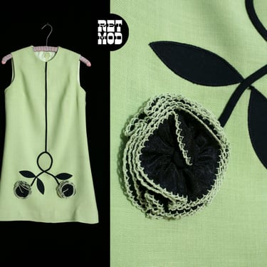 Unique Vintage 60s 70s Pastel Green Mod Shift Dress with 3D Black Flower Appliqué by Saba 