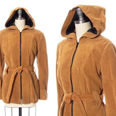 Vintage 1970s Jacket | 70s Brown Suede Hooded Belted Boho Hippie Coat (x-small/small) 