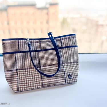 Ralph Lauren | 1990s Brown Plaid Handbag | 90s White & Brown Tote Bag Purse | Ralph Lauren 