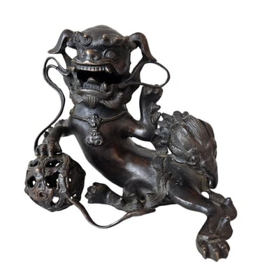 Antique Japanese Edo Period Buddhistic Lion Foo Dog Patinated Bronze Censer Incense Burner Temple Sculpture 
