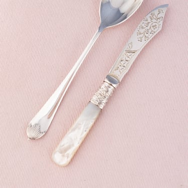 Antique Silverplate & Mother of Pearl Spreader & Jam Spoon Set