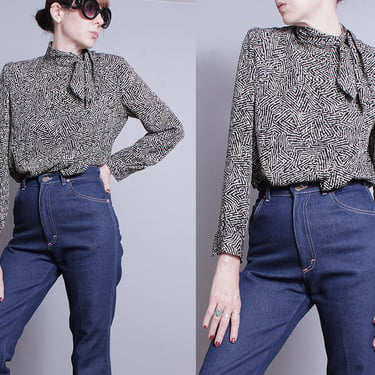 Vintage 1970's/1980's | Abstract Pattern | Silk | Ascot Collar | Button Down | Blouse | Top | M 
