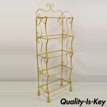 Italian Hollywood Regency Gold Gilt Iron 5 Tier Rope Tassel Narrow Etagere Stand