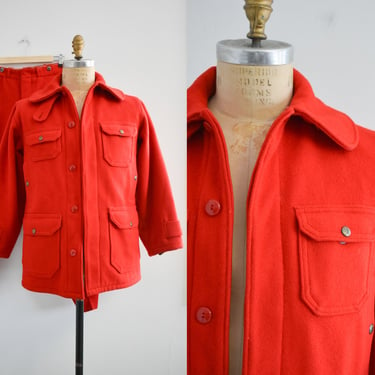 Late 1940s Woolrich Red Wool Mackinaw Coat and Pants Set 