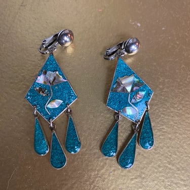 Sterling silver earrings, clip on, abalone, vintage earrings, chandelier, 1970s jewelry, long dangling, mosaic, hippie style, bohemian 