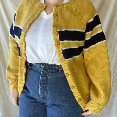 70s Yellow and Blue Striped Cardigan Varsity Sweater Size L / XL 