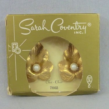 60s Sarah Coventry Earrings in Box - Goldtone Leaves Leaf Pearls - Clip On - Costume Jewelry - Dated 1960 