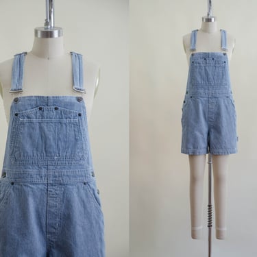 striped overall shorts | 90s vintage Bill Blass blue white hickory stripe pinstripe loose cotton pinafore romper 