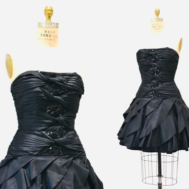 80s 90s Black Strapless Party Dress Vintage Sequin Strapless Ruffle Party Dress XXS XS Small By Cache Black Sequin Cocktail Dress 