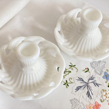 2 Vintage Milk glass candlestick holders, White glass single light candle holders, Fostoria Wistar Betsy Ross pressed pattern glass 