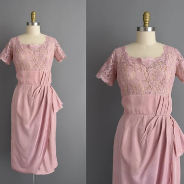 vintage 1950s dress | Gorgeous Mauve Cocktail Party Lace Wiggle Dress | Large | 50s dress 