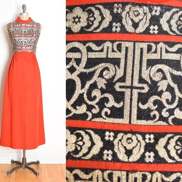 vintage 60s dress rust orange metallic gold long maxi hostess gown S clothing 