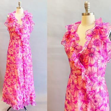 1970s Halter Dress / 1970s Floral Maxi Dress / Backless Dress / Size Medium 