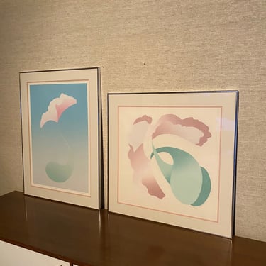 1980’s pair of postmodern pencil-signed framed lithograph abstract prints pink green blue white by R. Gallup 