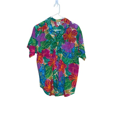 Vintage 80's Leslie Fay Women's Tropical Colorful Hawaiian Print Button Up Blouse, Size 8 