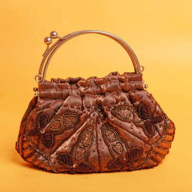 90s Brown Beaded Evening Bag Embroidered Flapper Handbag Vintage Unique Cocktail Bead Small Handle Purse 