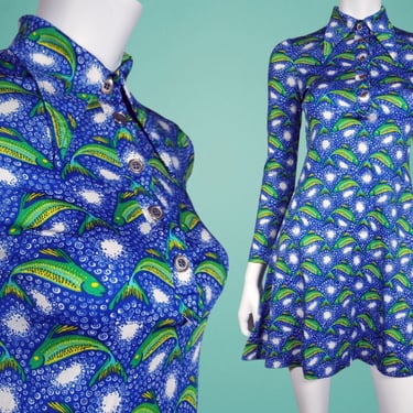 Novelty vintage fish dress 1970s pointy unique dagger collar shirtdress A line mod mini polyester (XS/S) 