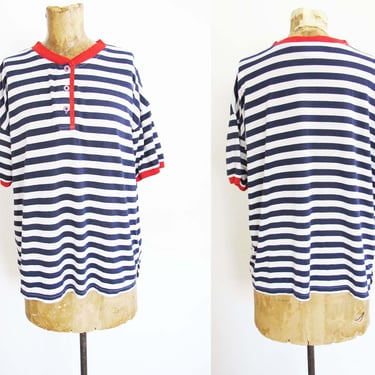 Vintage 80s Blue Striped Henley Neck T Shirt M  L - 1980s Soft Thin Nautical White Blue Shirt 